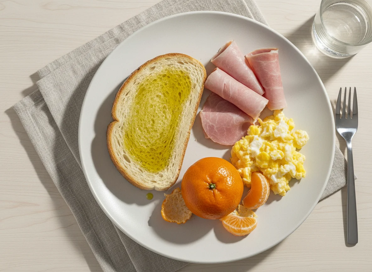 Desayuno con tostada, jamón, huevo y mandarina photo