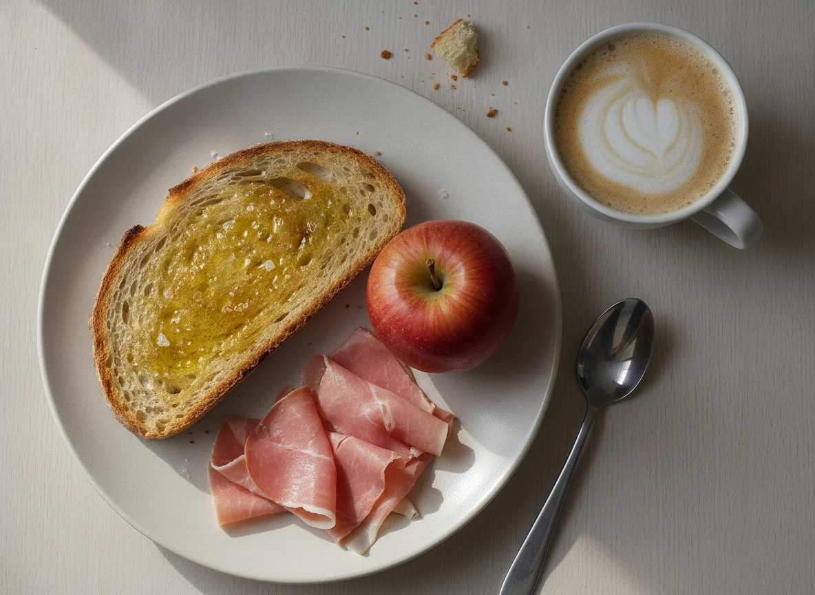 Desayuno con tostada, jamón, manzana y café photo