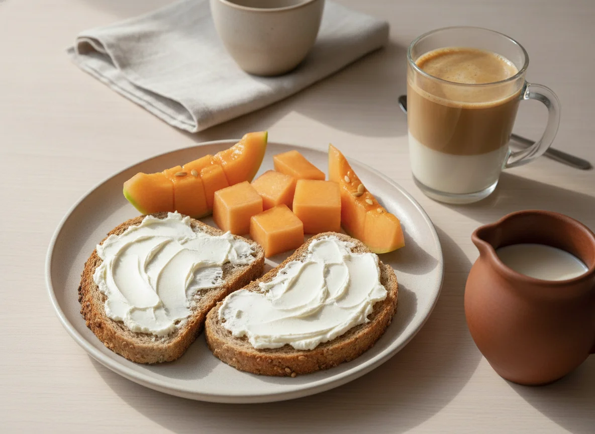 Desayuno con tostada, queso crema, melón y café con leche photo