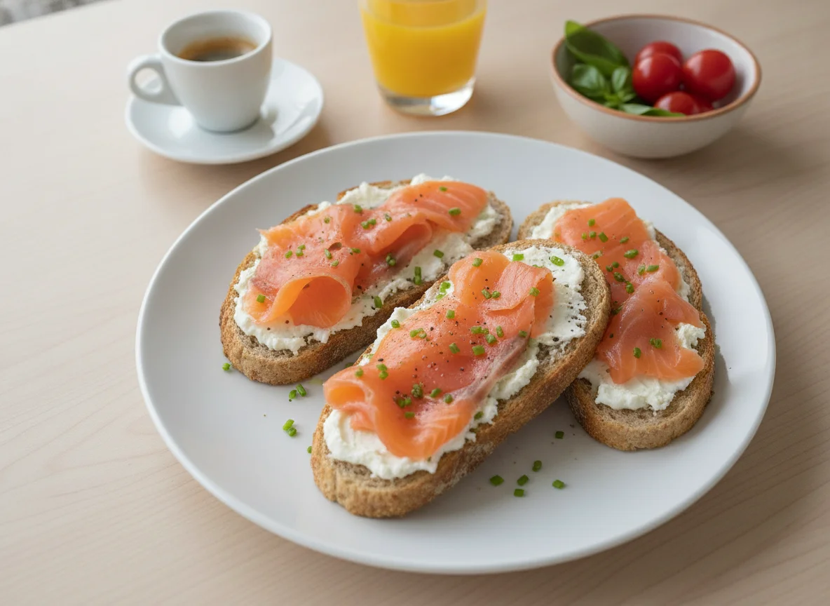 Desayuno con tostada, salmón y queso fresco photo