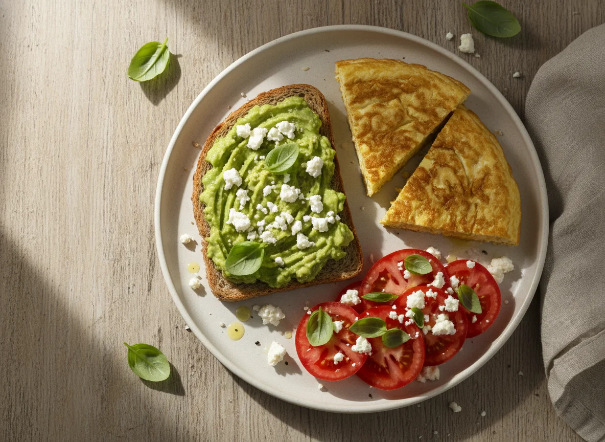 Desayuno con tostada, tortilla y ensalada photo
