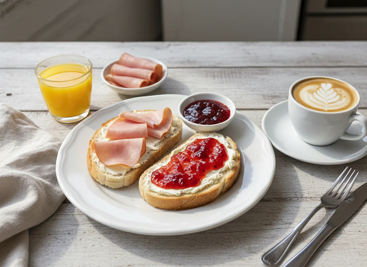 Desayuno con tostada y jamón photo