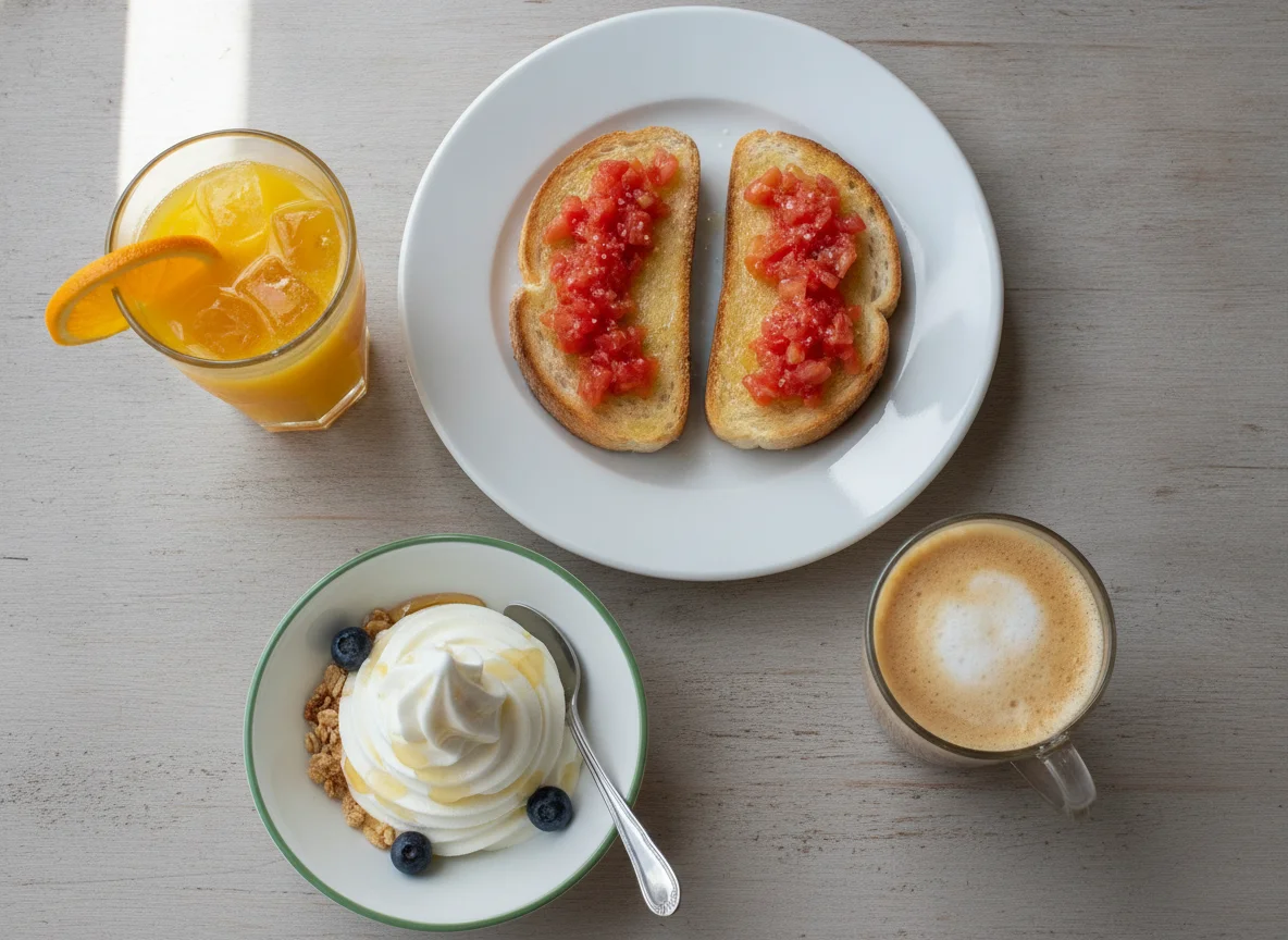 Desayuno con tostada, zumo de naranja, café con leche y yogur photo