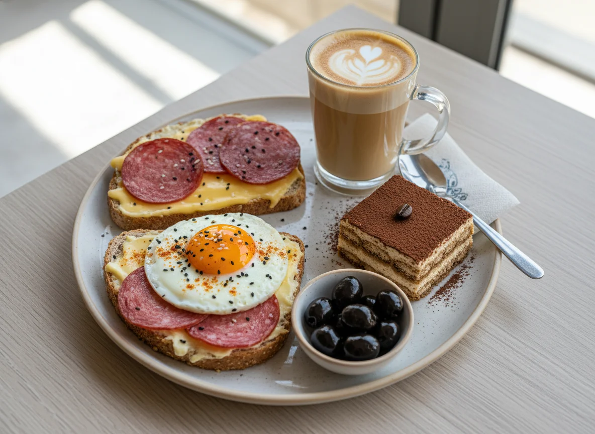 Desayuno con tostadas, aceitunas, café y postre photo