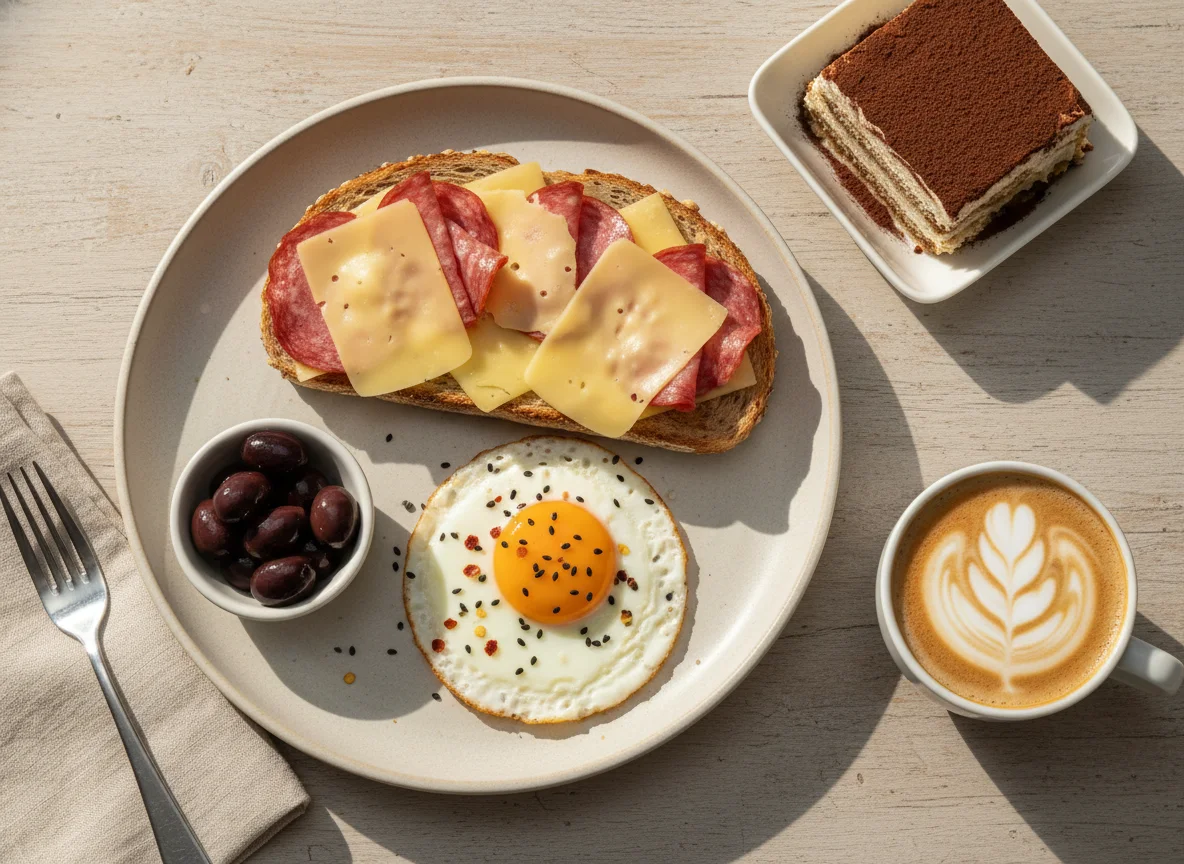 Desayuno con tostadas, aceitunas, tiramisú y café photo