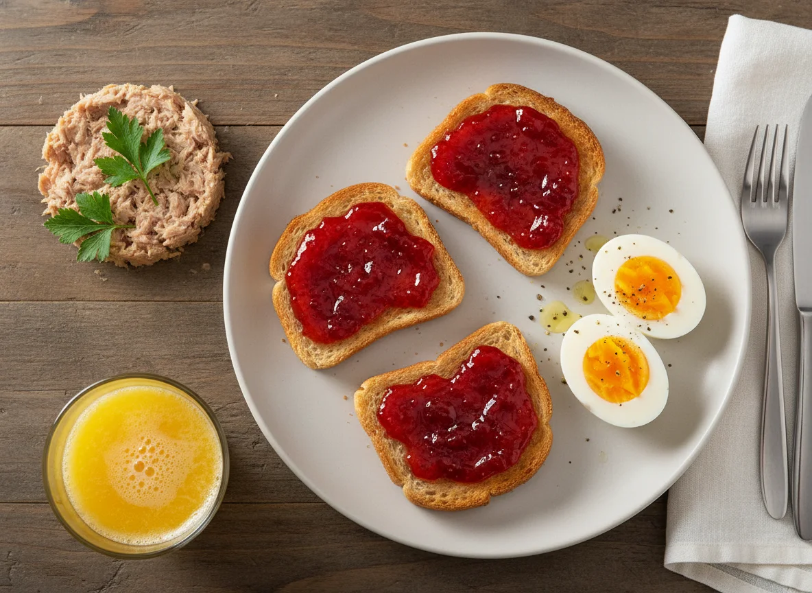 Desayuno con tostadas, atún y huevos cocidos photo