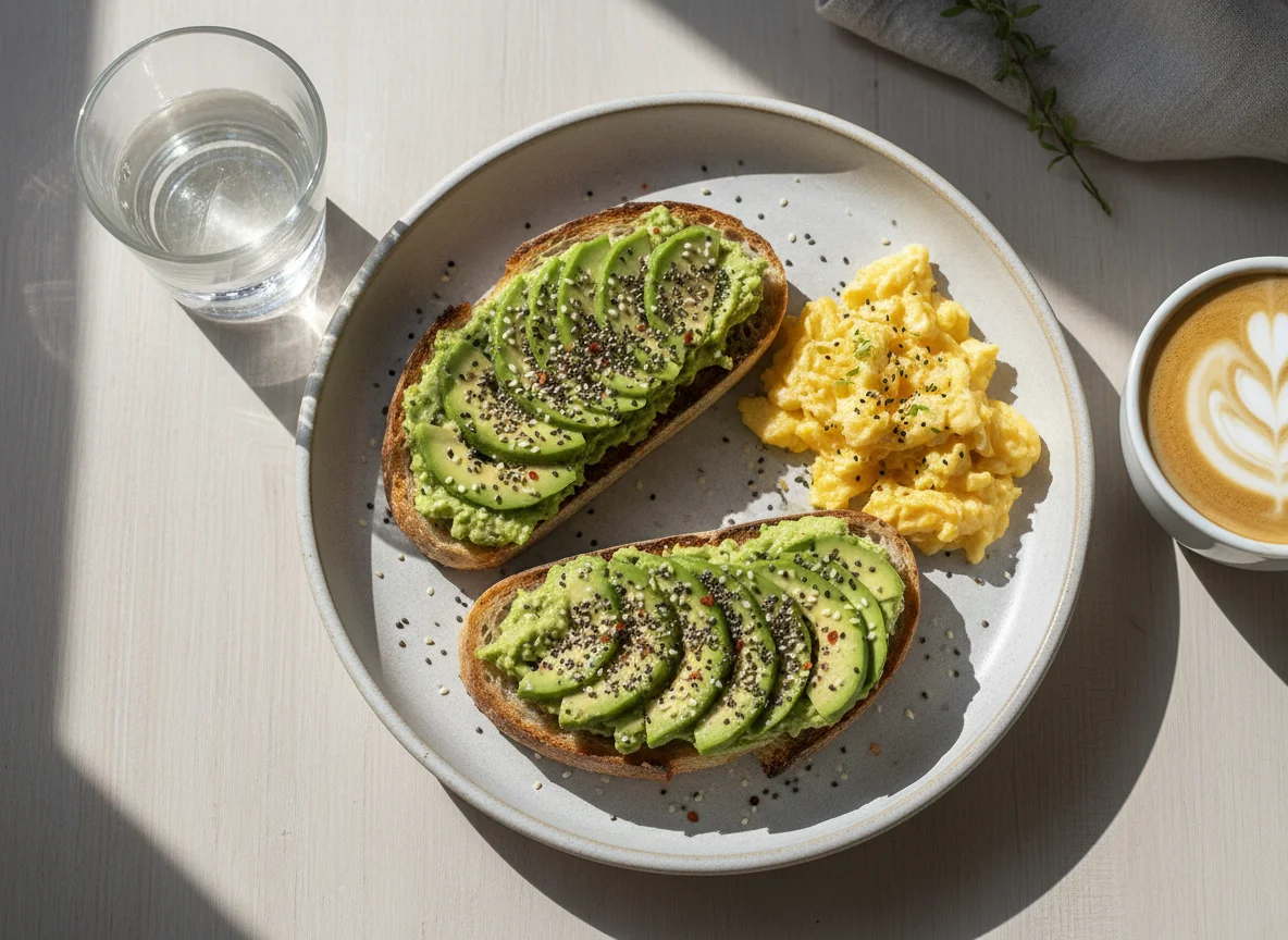 Desayuno con tostadas de aguacate, huevos revueltos y café con leche photo