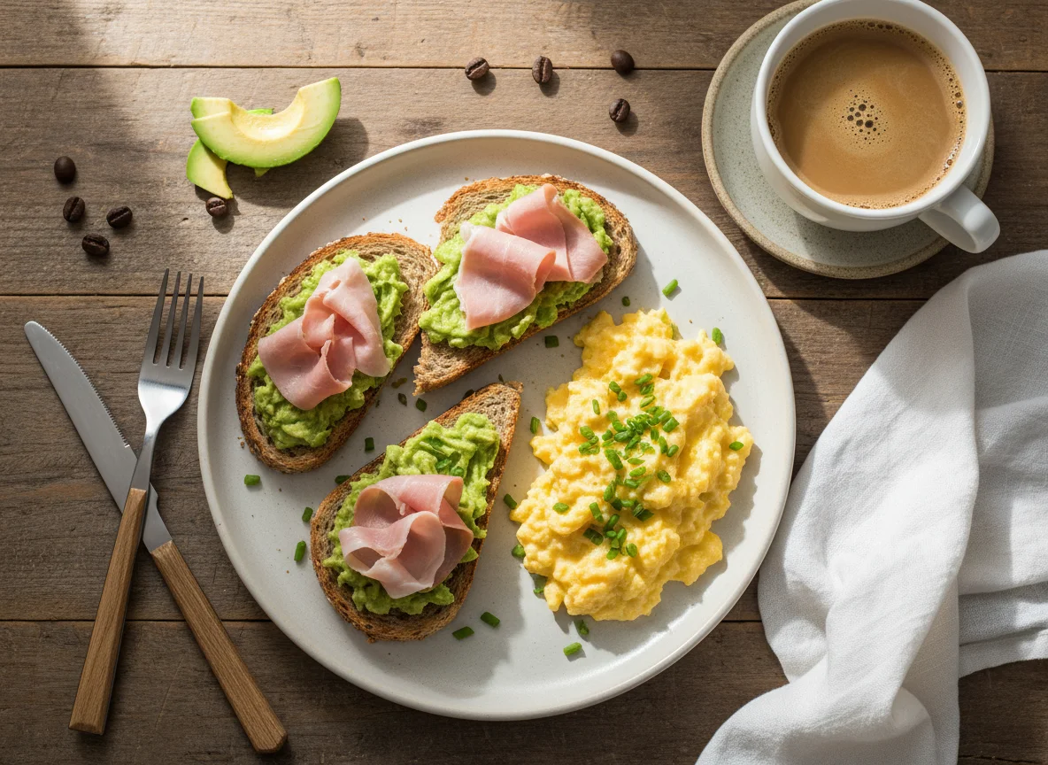 Desayuno con tostadas de aguacate y jamón, huevos revueltos y café con leche photo