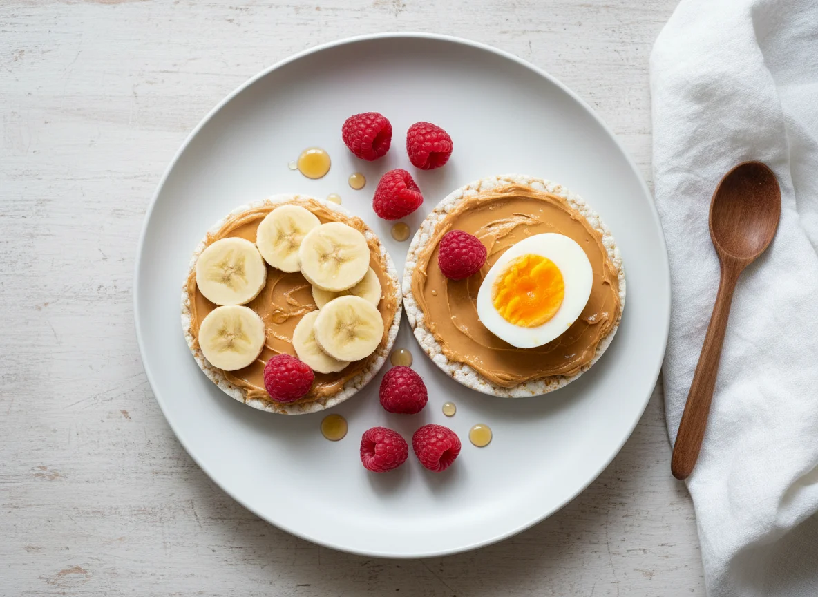 Desayuno con tostadas de arroz, plátano, huevos y frambuesas photo