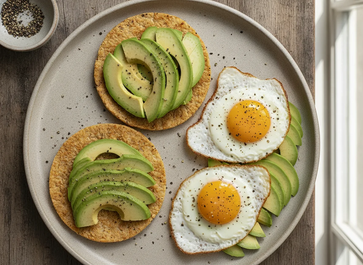 Desayuno con tostadas de arroz y aguacate, y huevos fritos photo