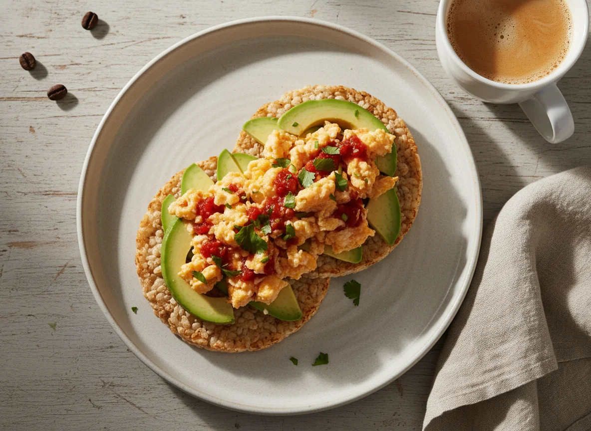 Desayuno con tostadas de arroz y huevo photo