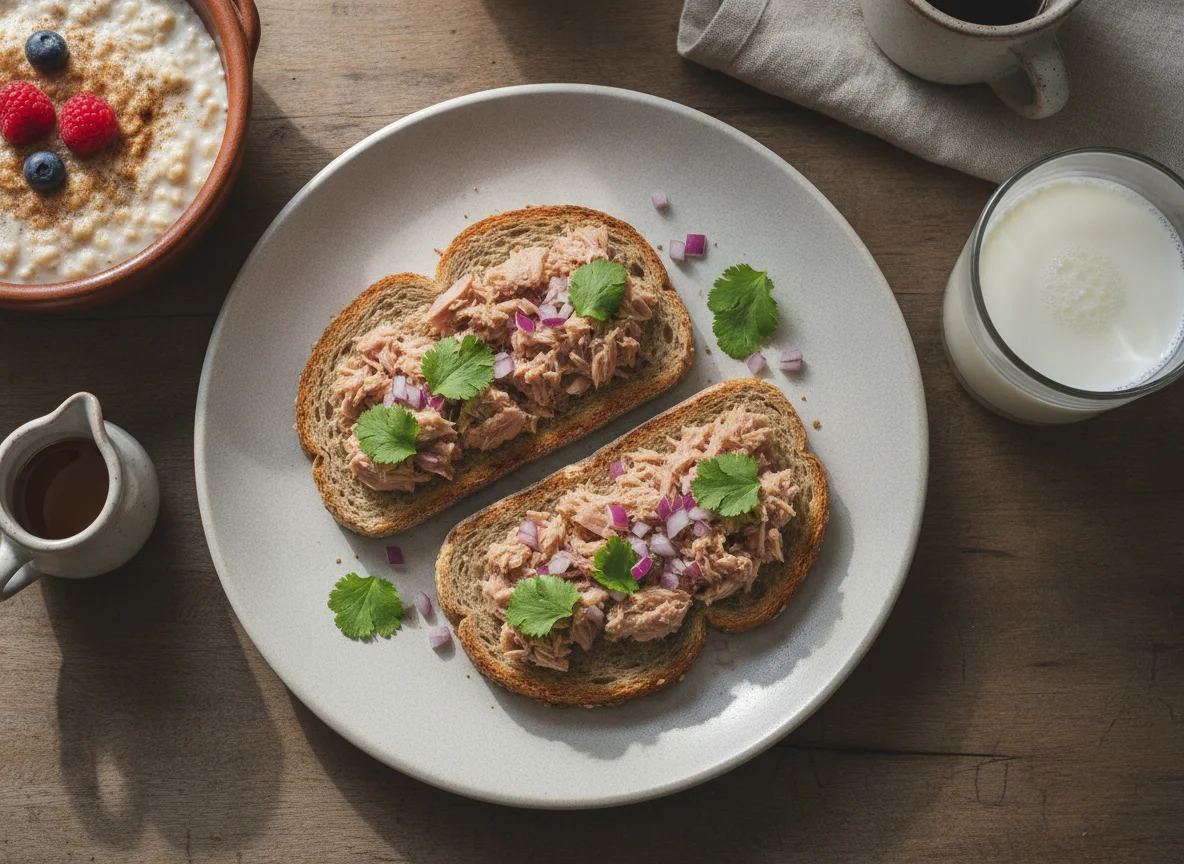 Desayuno con tostadas de atún, avena y leche photo
