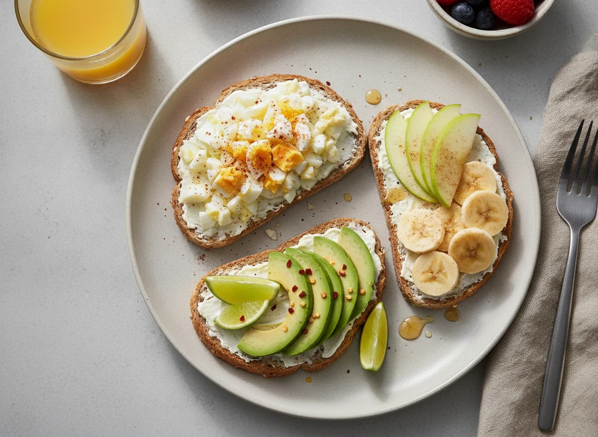Desayuno con tostadas de huevo, palta, manzana y banana photo
