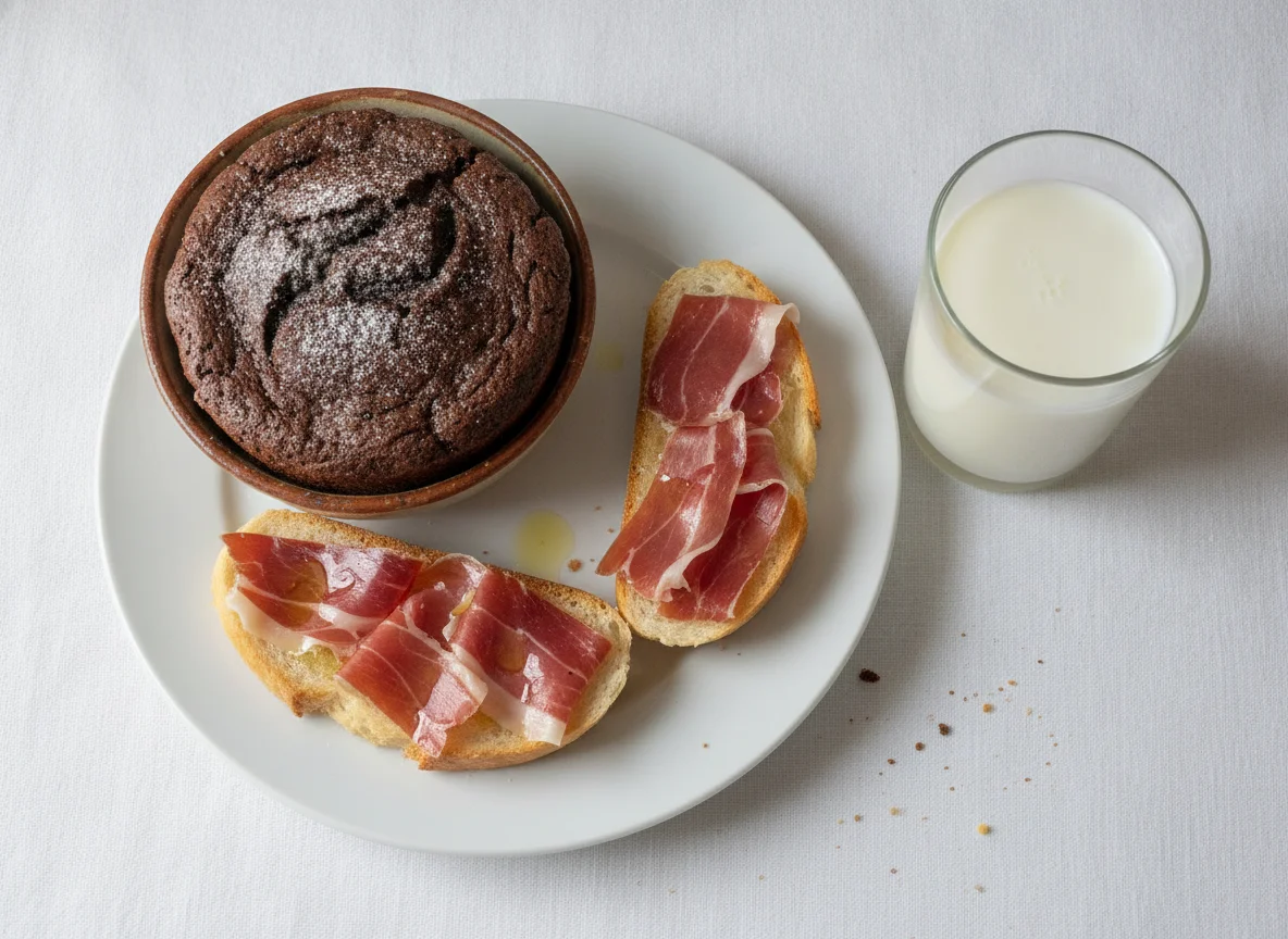 Desayuno con tostadas de jamón, bizcocho de chocolate y leche photo