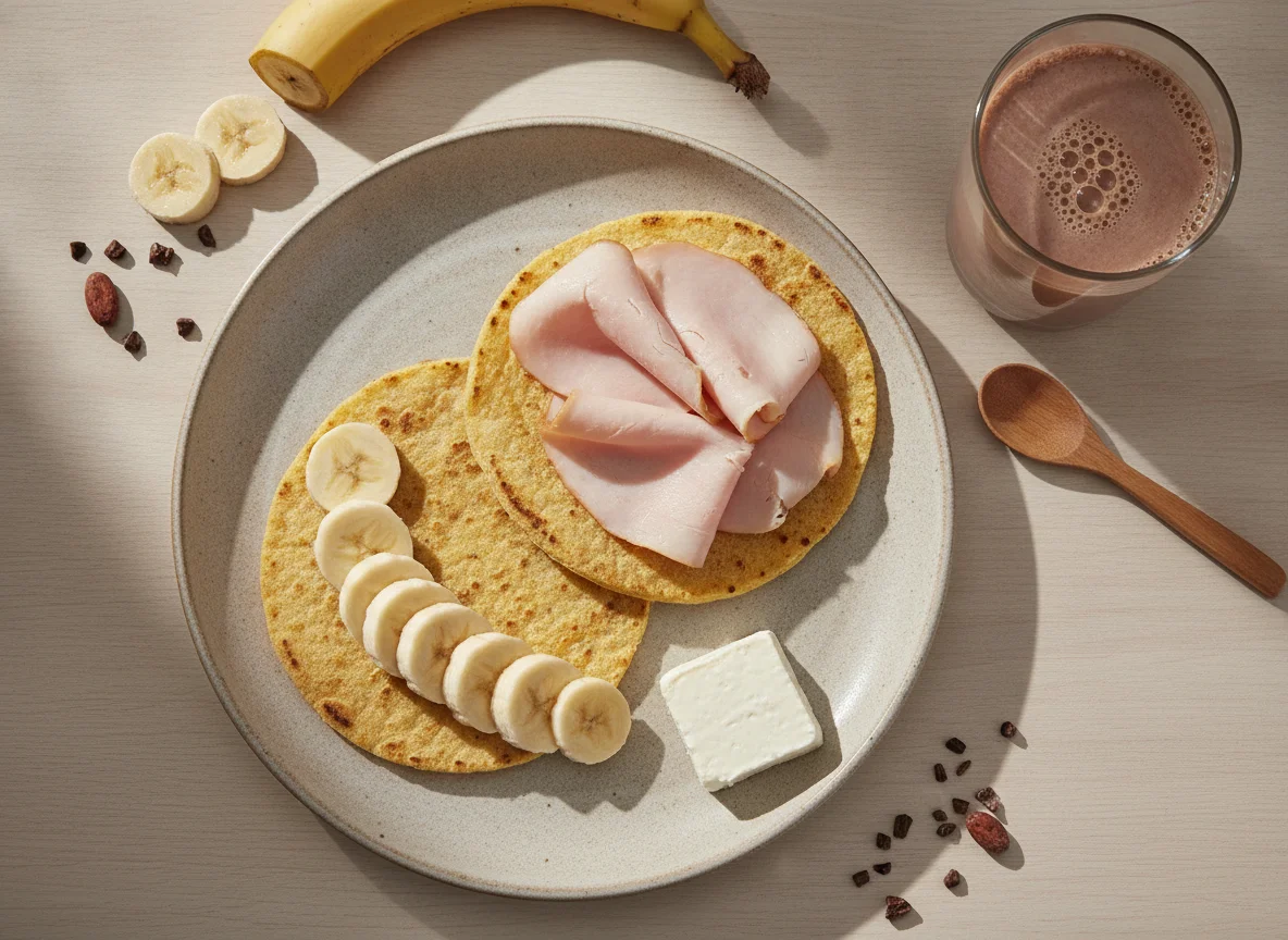 Desayuno con tostadas de maíz, pavo, plátano, queso y batido de cacao photo