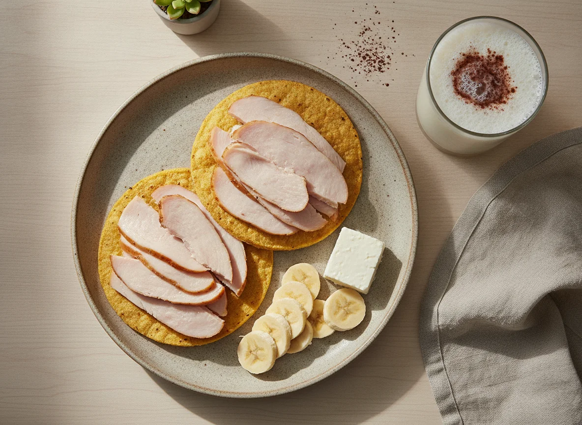 Desayuno con tostadas de maíz, plátano, pavo y cacao photo