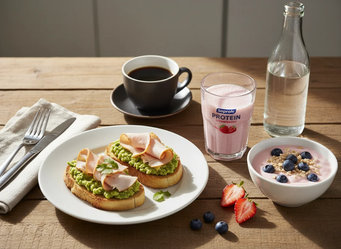Desayuno con tostadas de palta y pavo, yogur y bebida proteica photo
