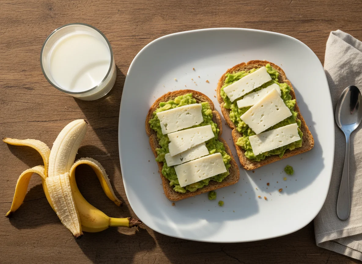 Desayuno con tostadas de palta y queso, plátano y leche photo