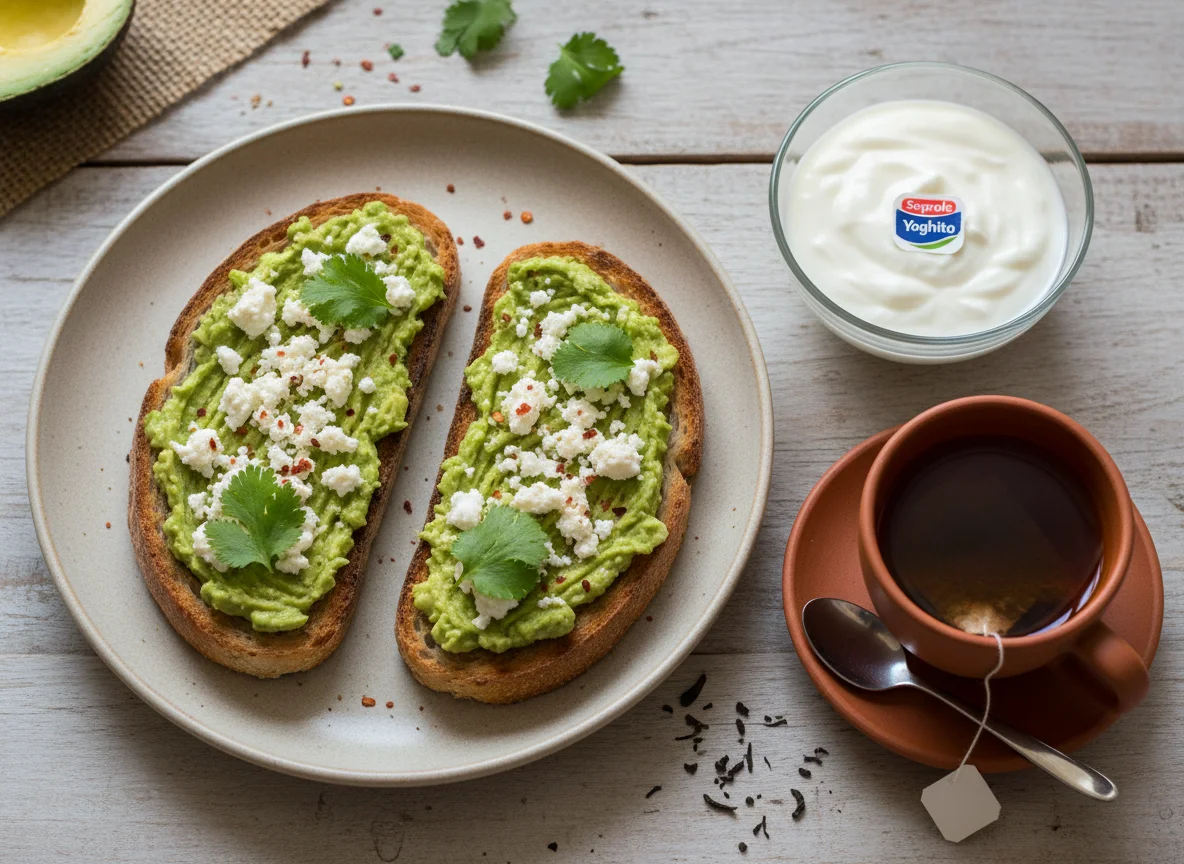 Desayuno con tostadas de palta y queso, yogur y té photo
