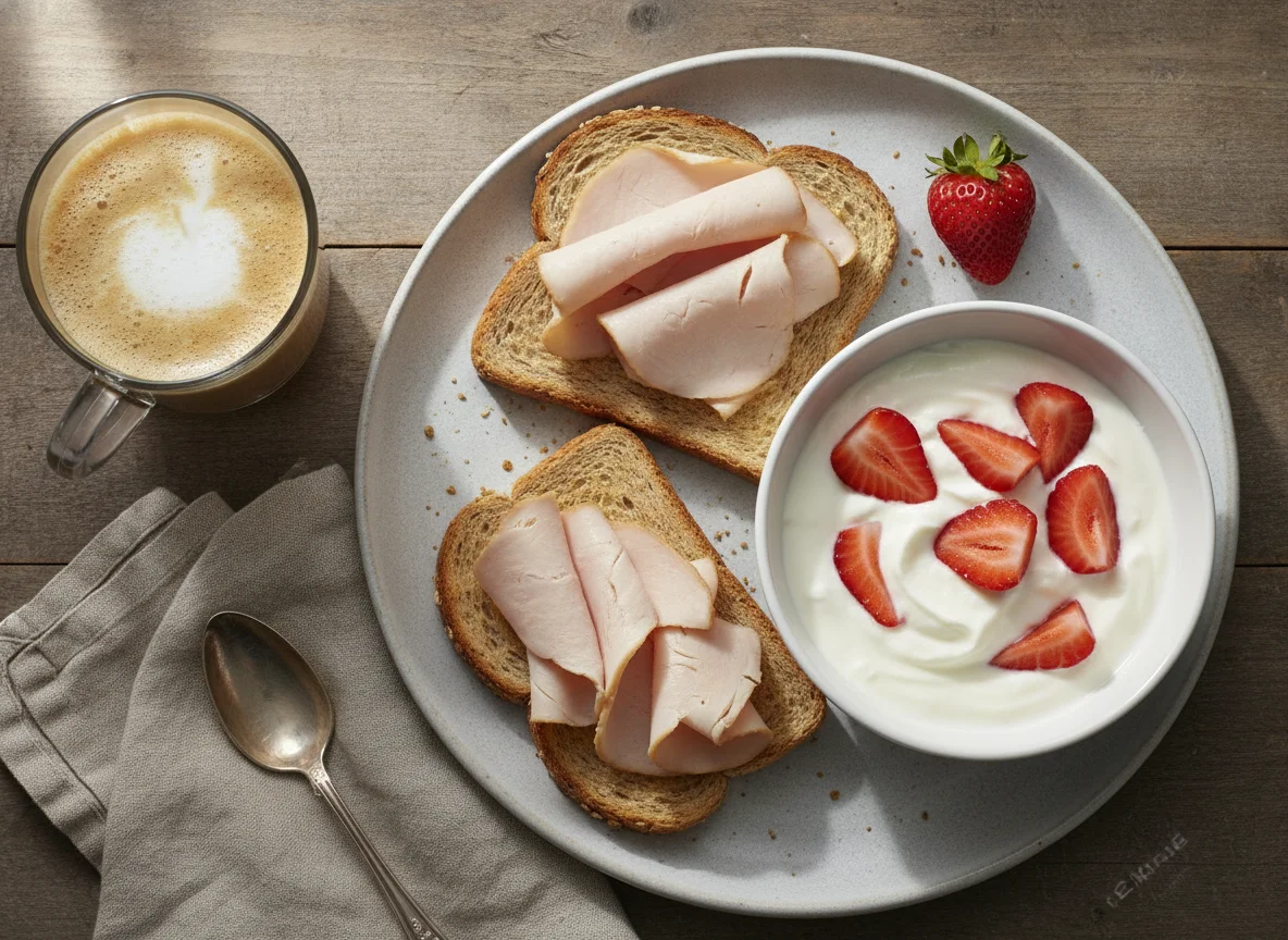 Desayuno con tostadas de pavo, yogur con fresas y café con leche photo