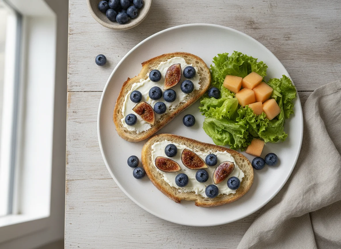 Desayuno con tostadas, fruta y ensalada photo