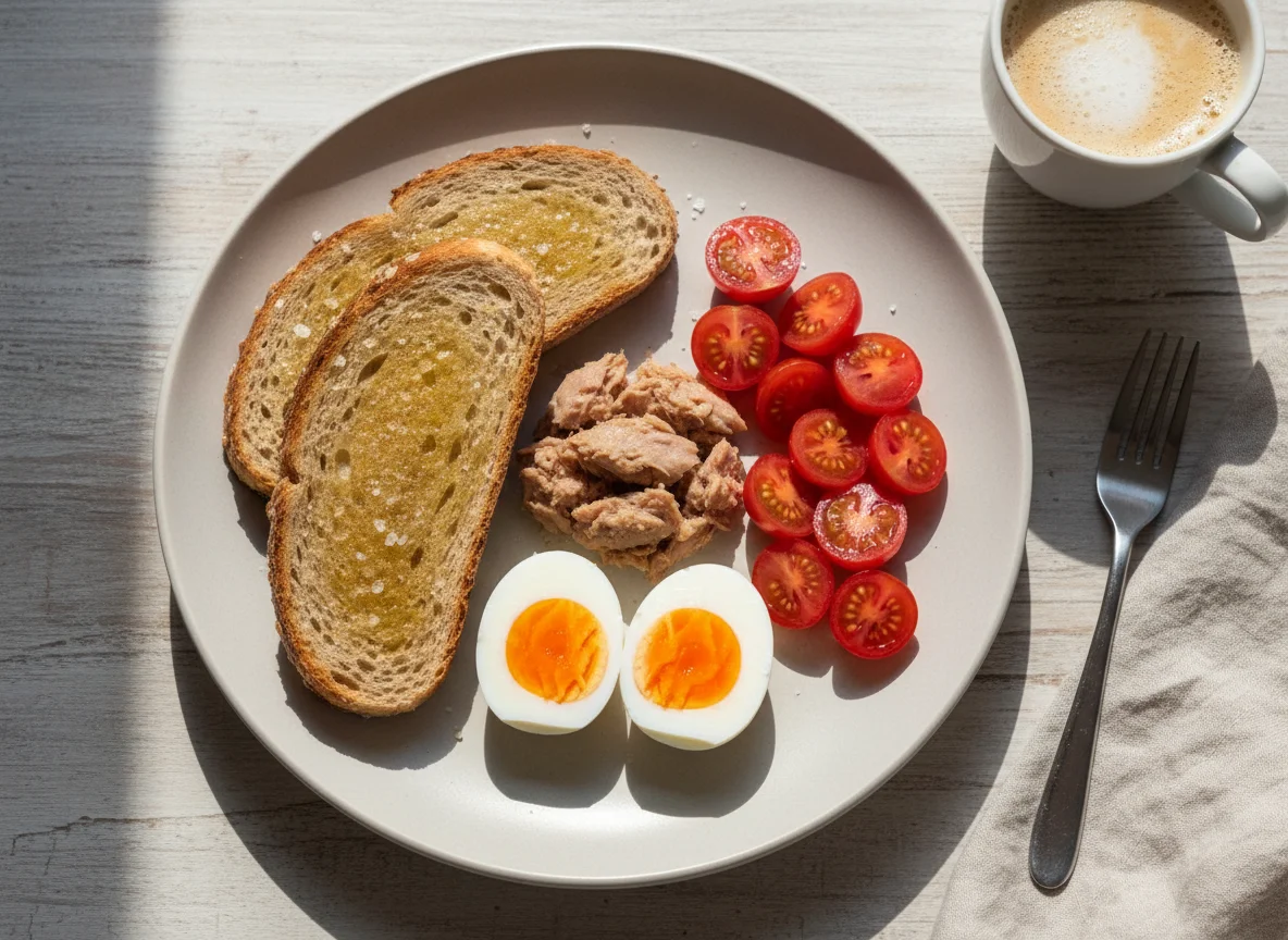 Desayuno con tostadas, huevos, atún y tomates cherry photo