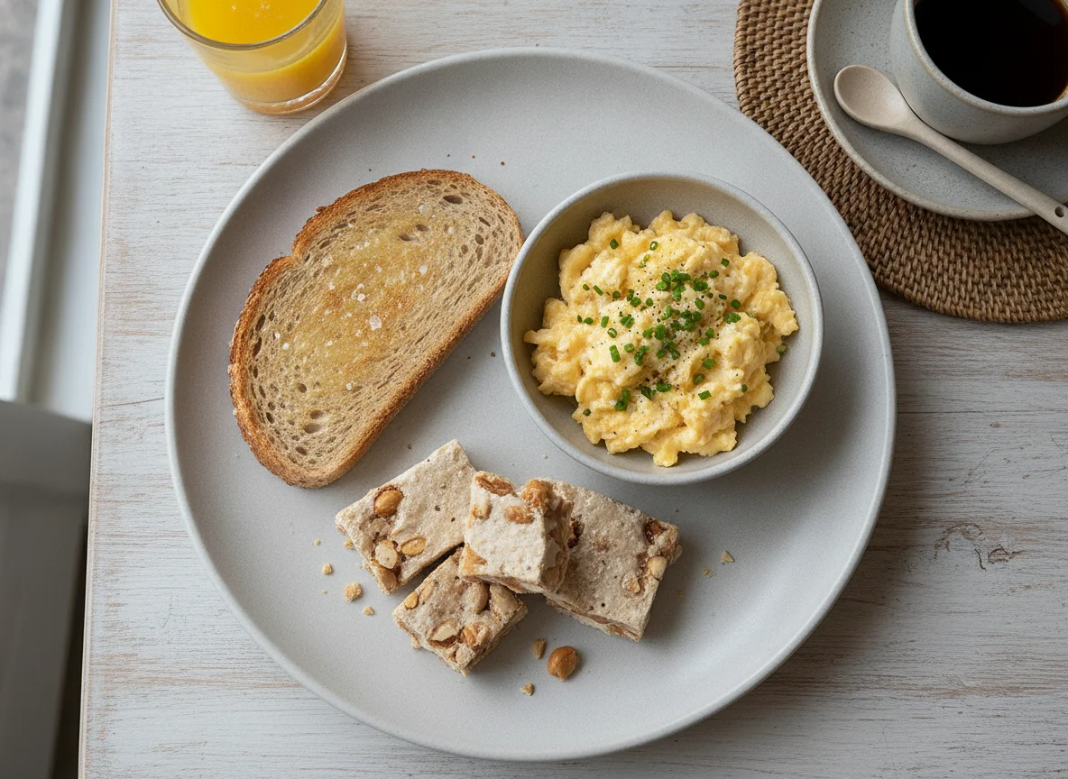 Desayuno con tostadas, huevos revueltos y turrón photo