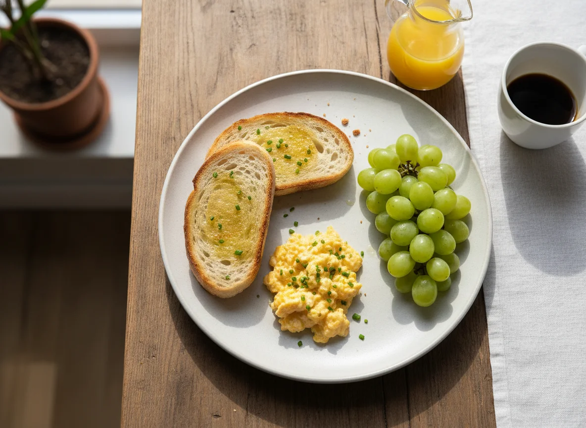 Desayuno con tostadas, huevos revueltos y uvas photo