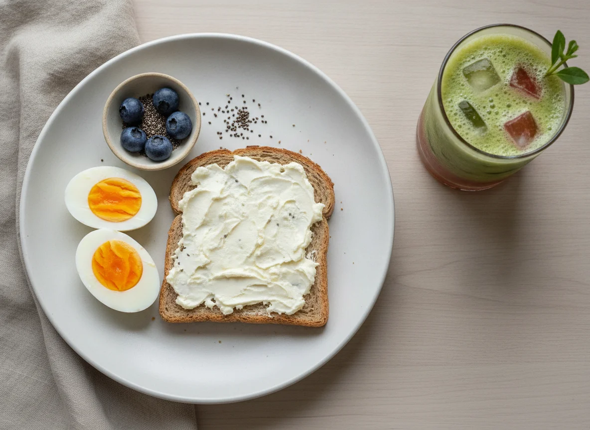 Desayuno con tostadas integrales, huevos y jugo photo