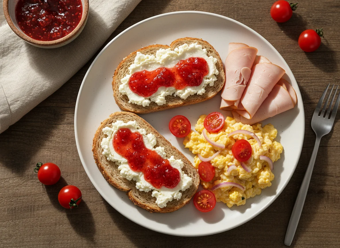 Desayuno con tostadas, jamón de pavo y huevos revueltos photo