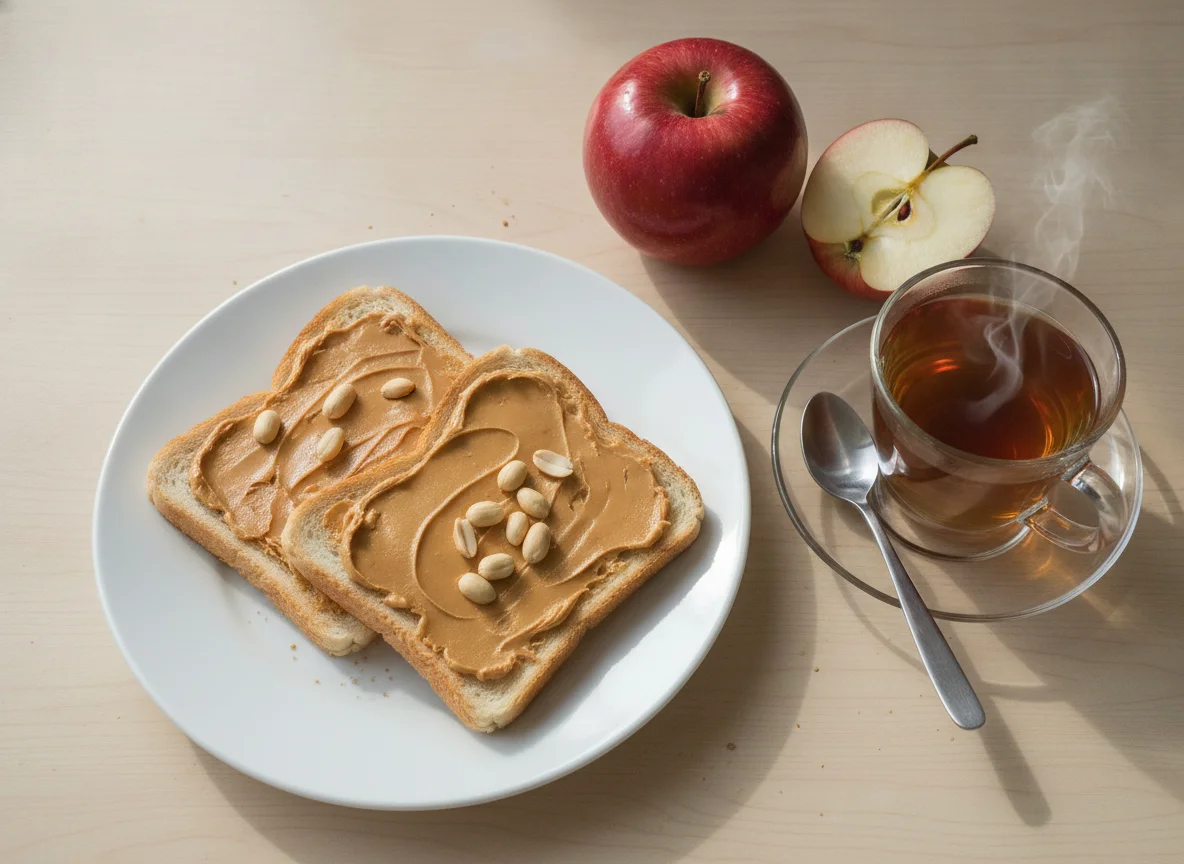 Desayuno con tostadas, manzana y té photo