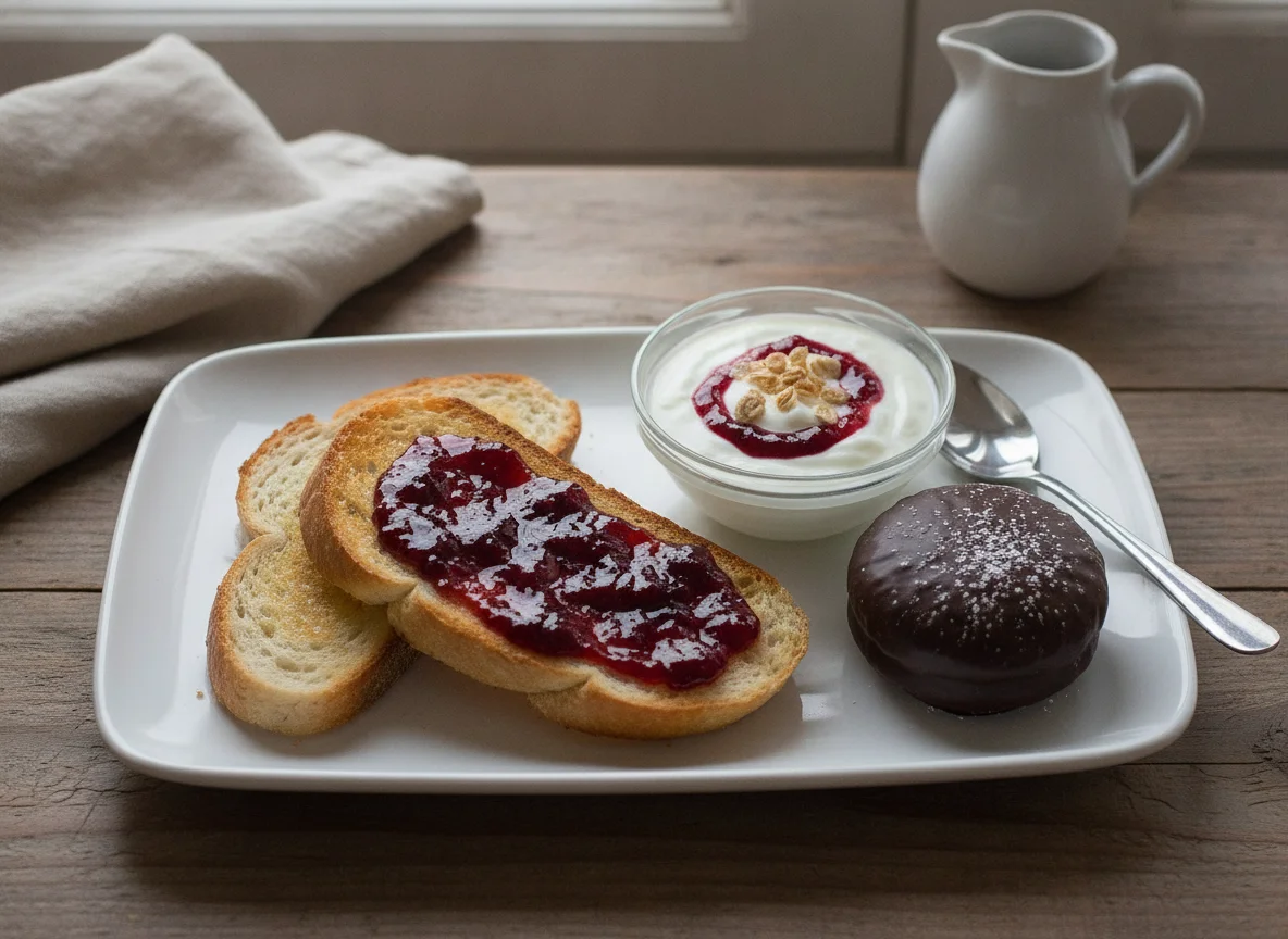 Desayuno con tostadas, mermelada, alfajores y yogur photo