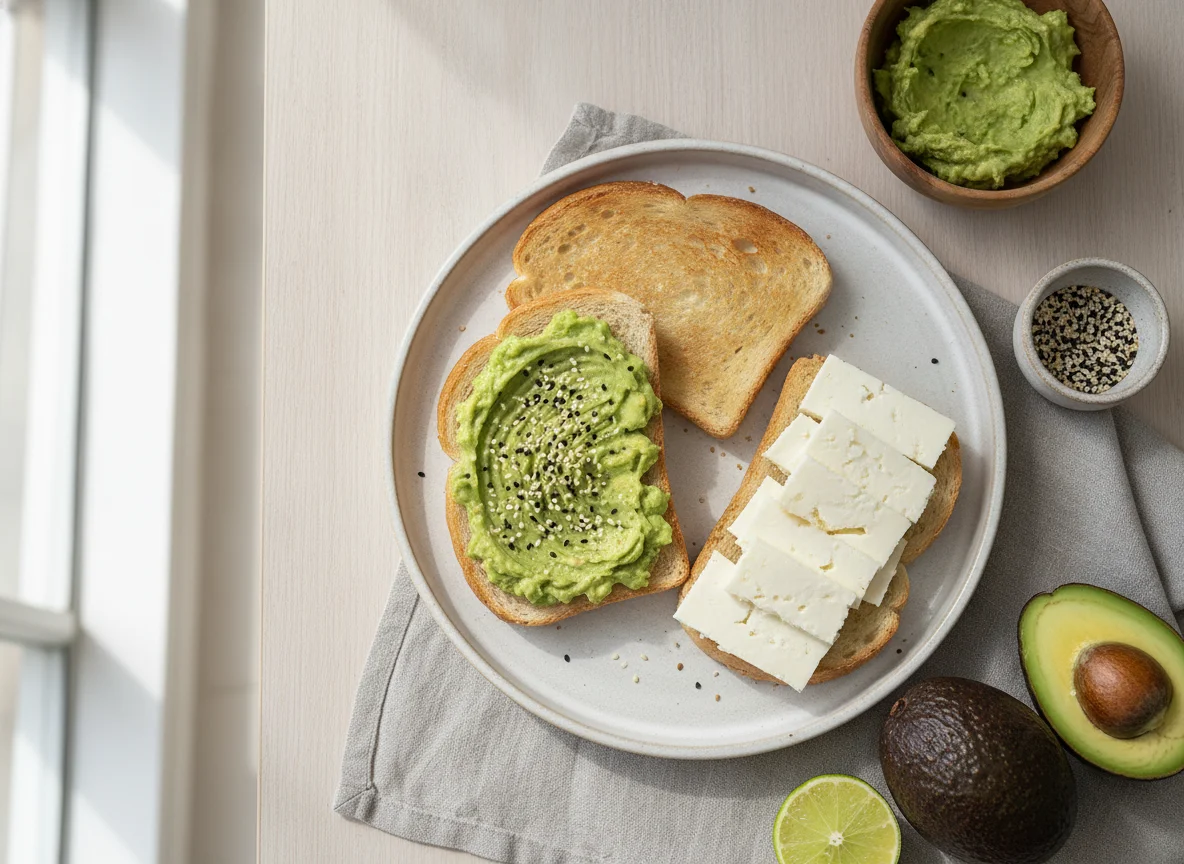 Desayuno con tostadas, palta y queso photo
