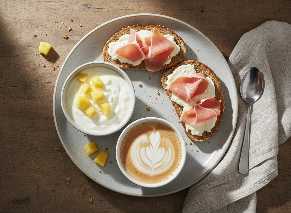 Desayuno con tostadas, piña y yogur photo