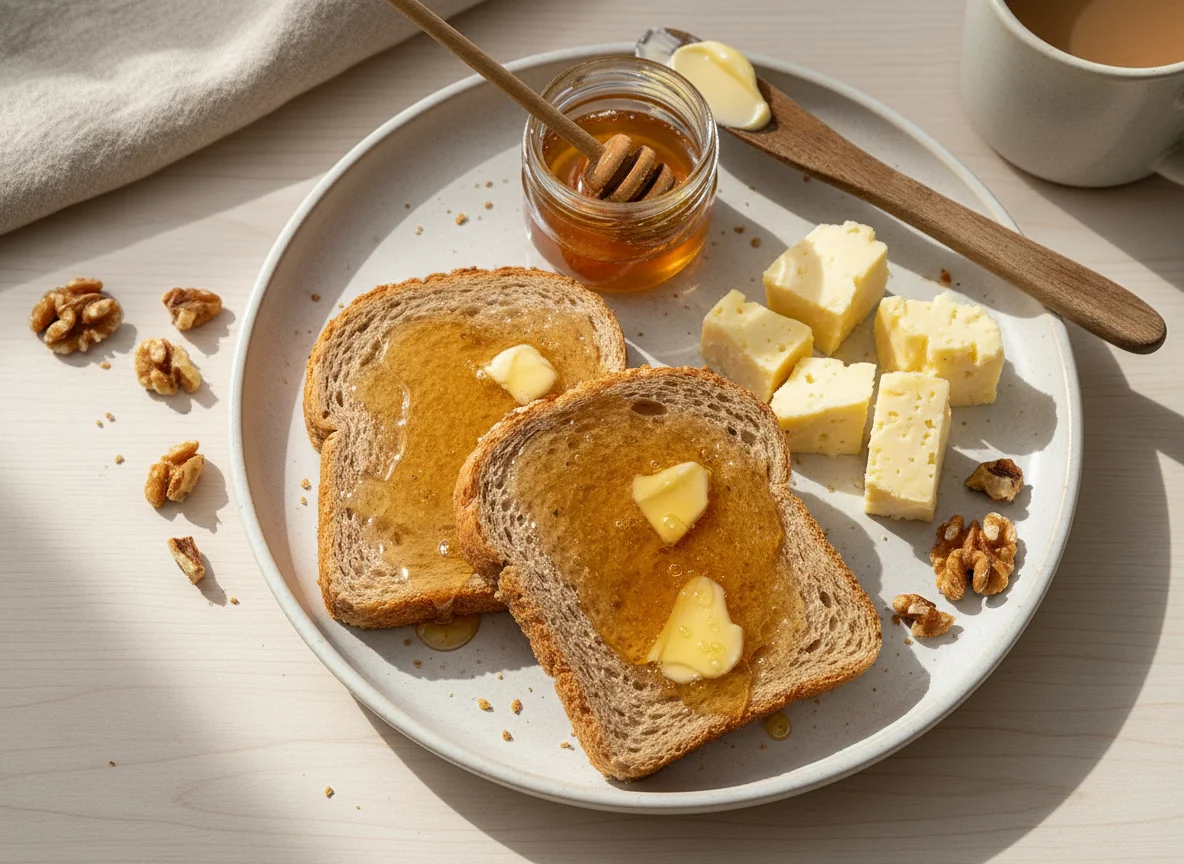 Desayuno con tostadas, queso y nueces photo