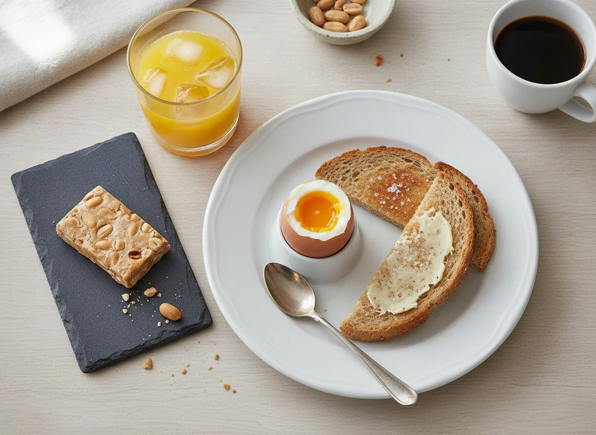 Desayuno con tostadas, turrón y huevos a la copa photo