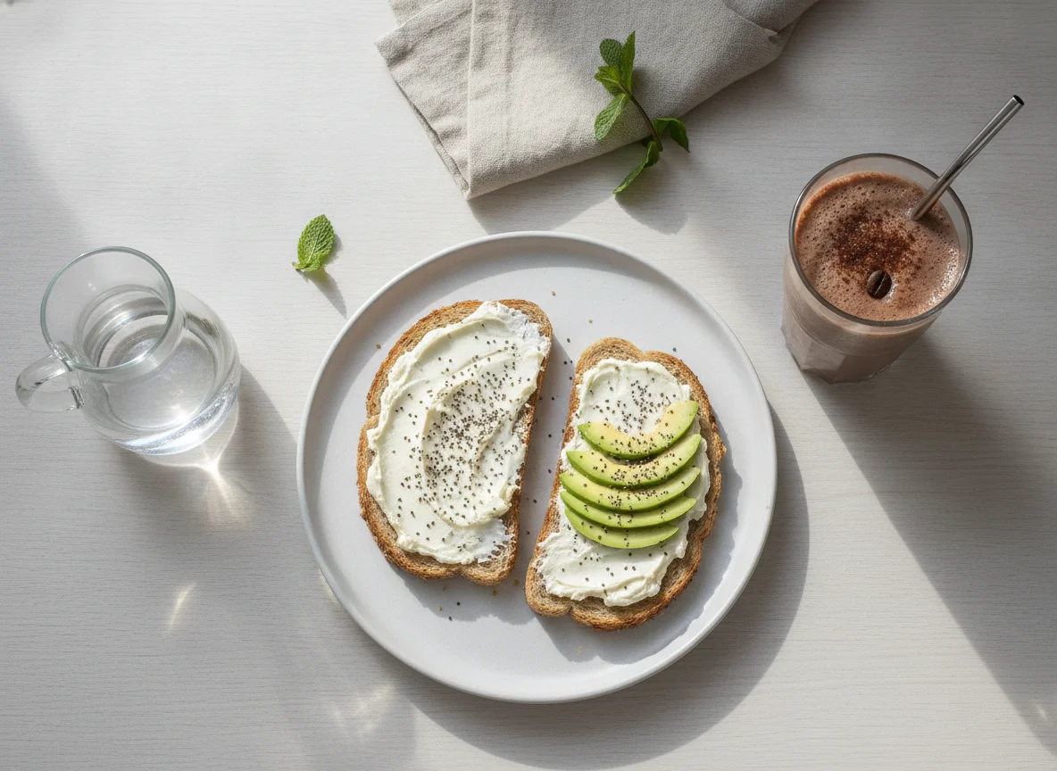 Desayuno con tostadas y batido de proteínas photo