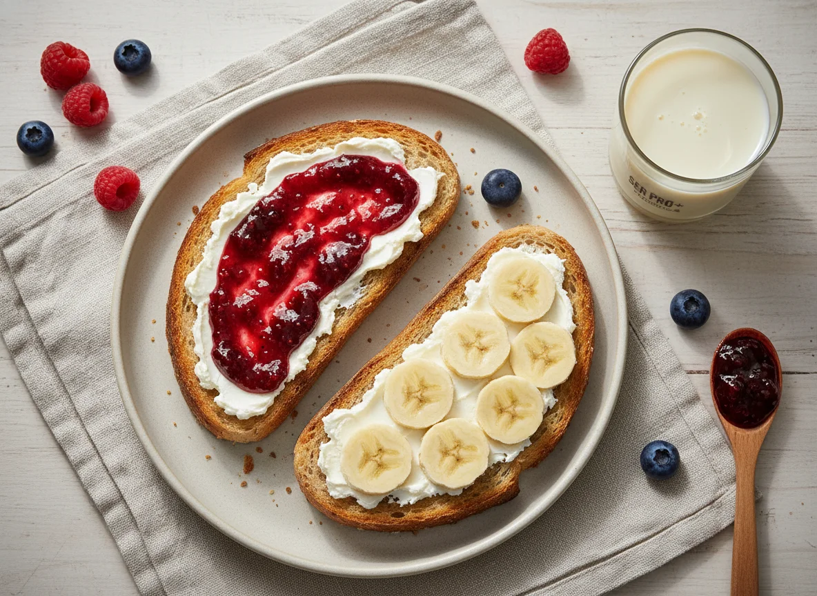 Desayuno con tostadas y bebida proteica photo