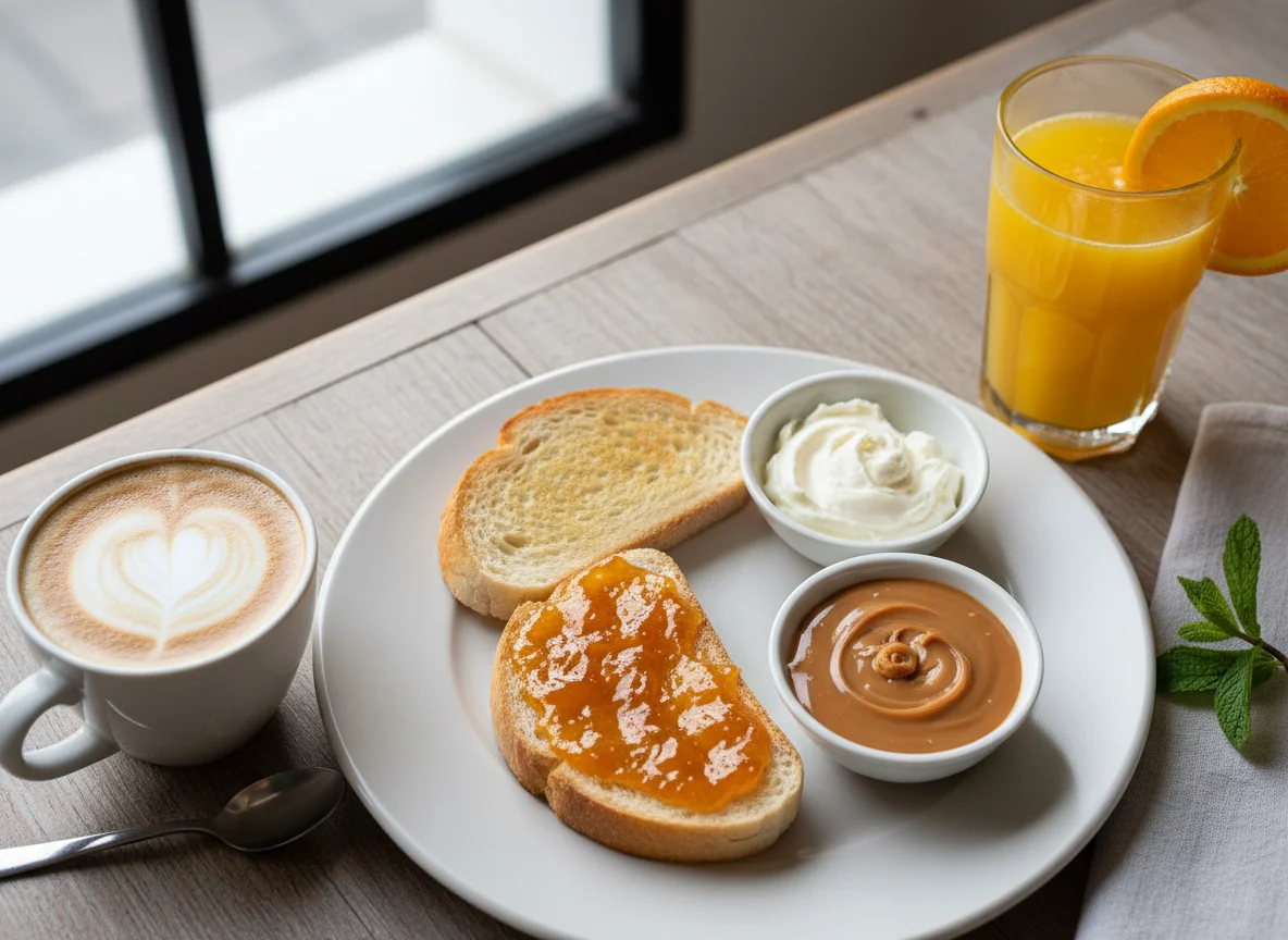 Desayuno con tostadas y bebidas photo