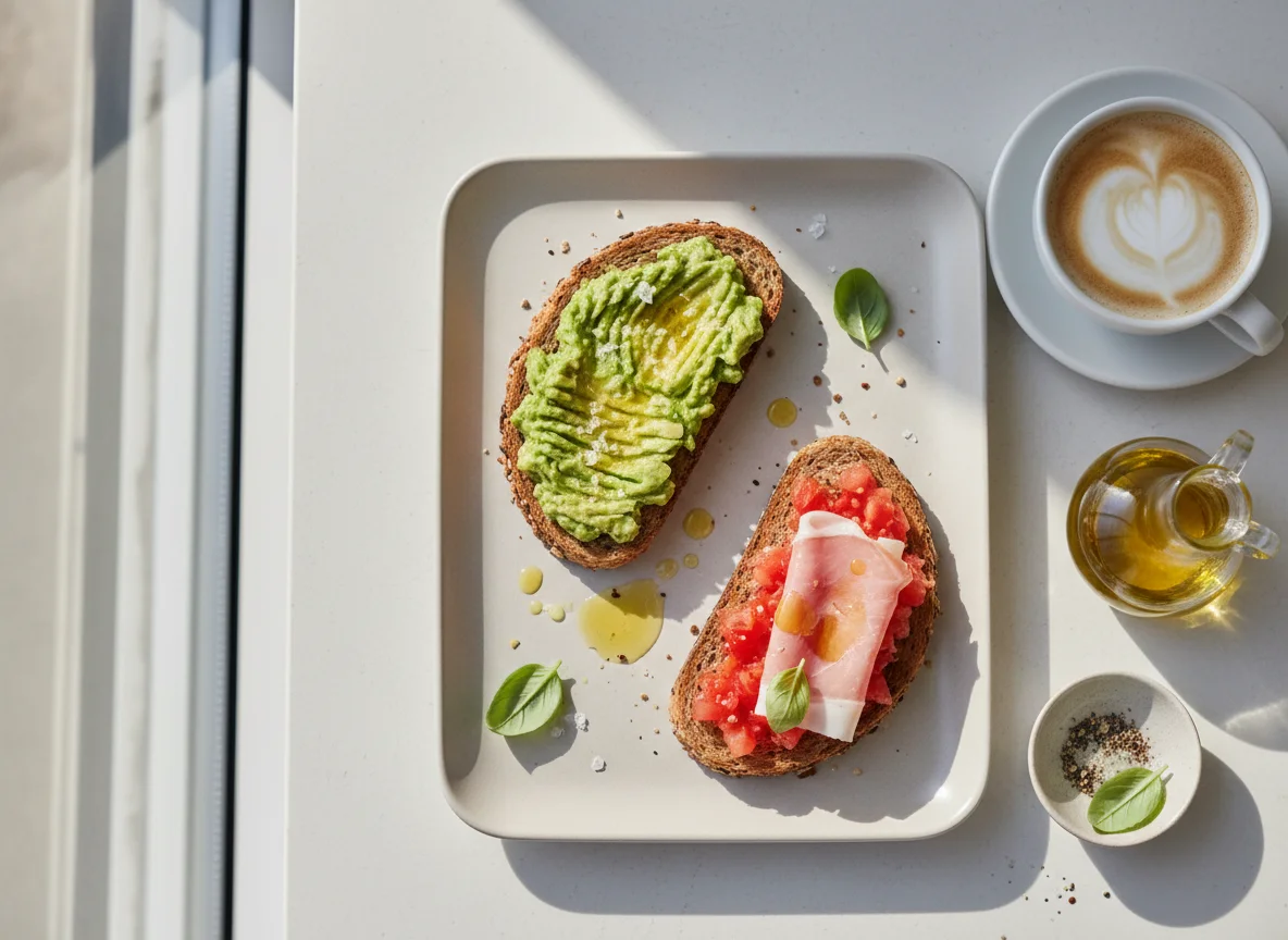 Desayuno con tostadas y café con leche photo