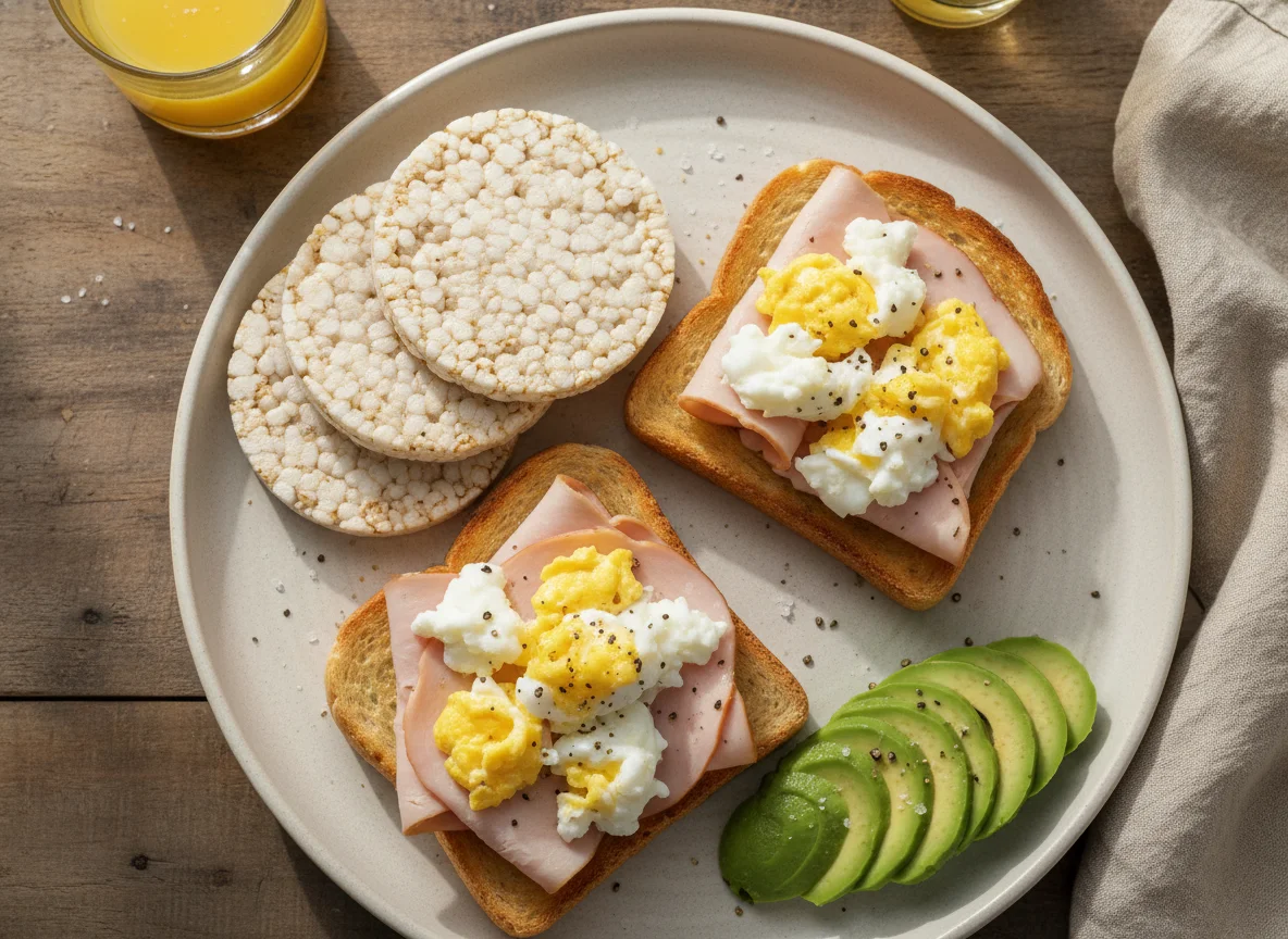 Desayuno con tostadas y galleta de arroz photo