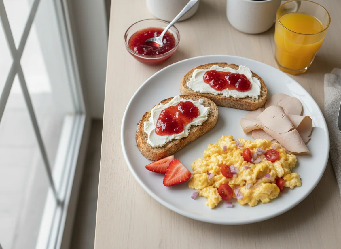 Desayuno con tostadas y huevos revueltos photo