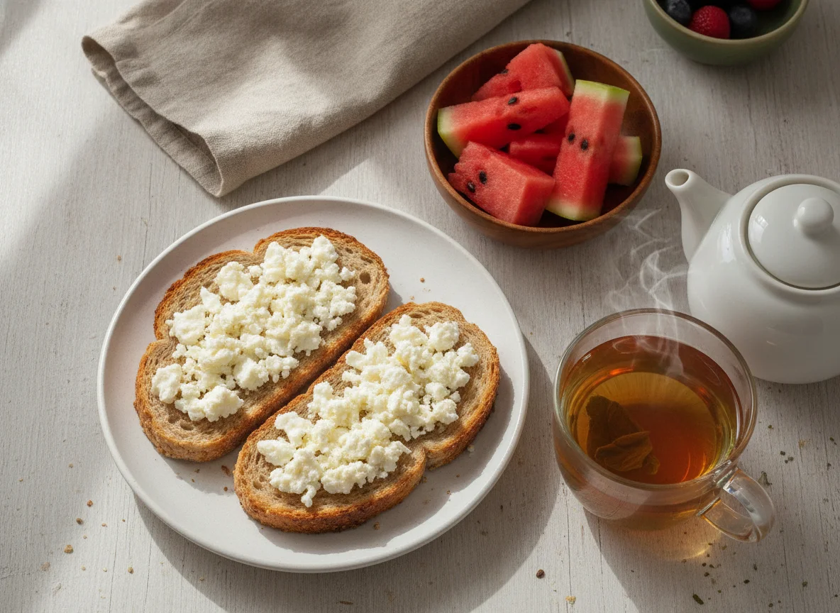 Desayuno con tostadas y queso fresco, té y sandía photo