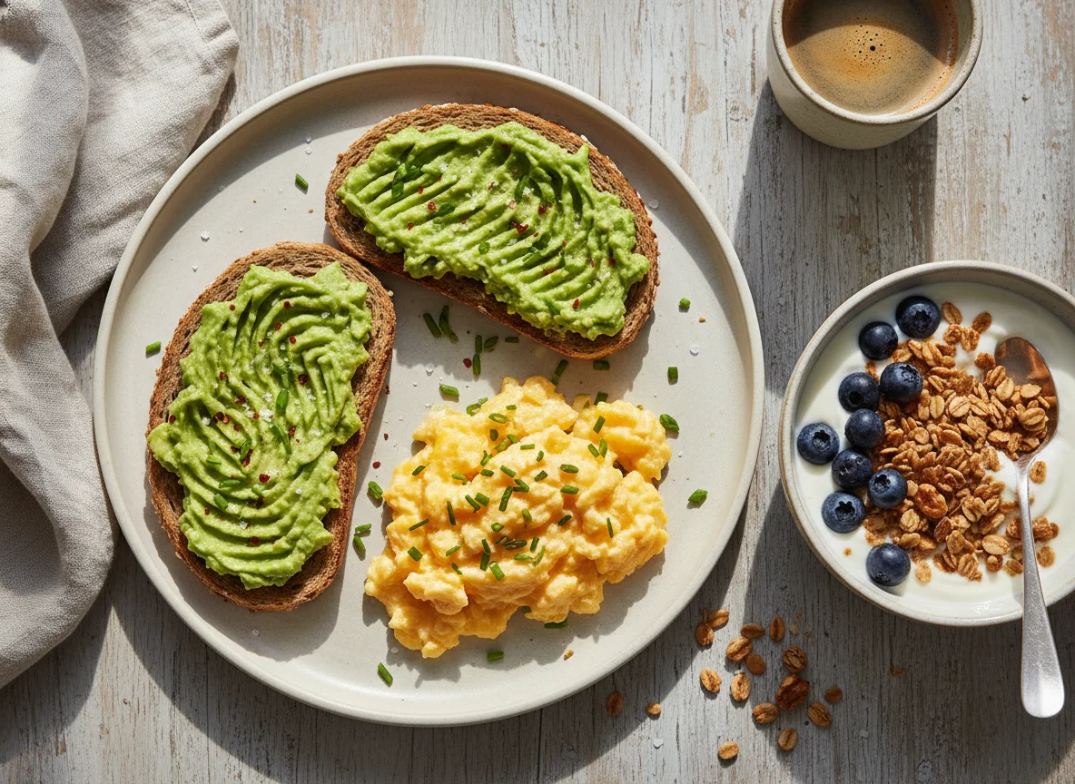 Desayuno con tostadas y yogur photo