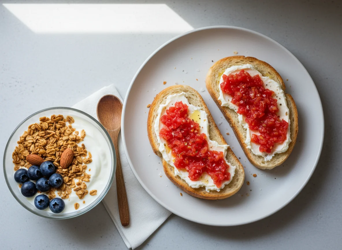 Desayuno con tostadas y yogur con granola photo