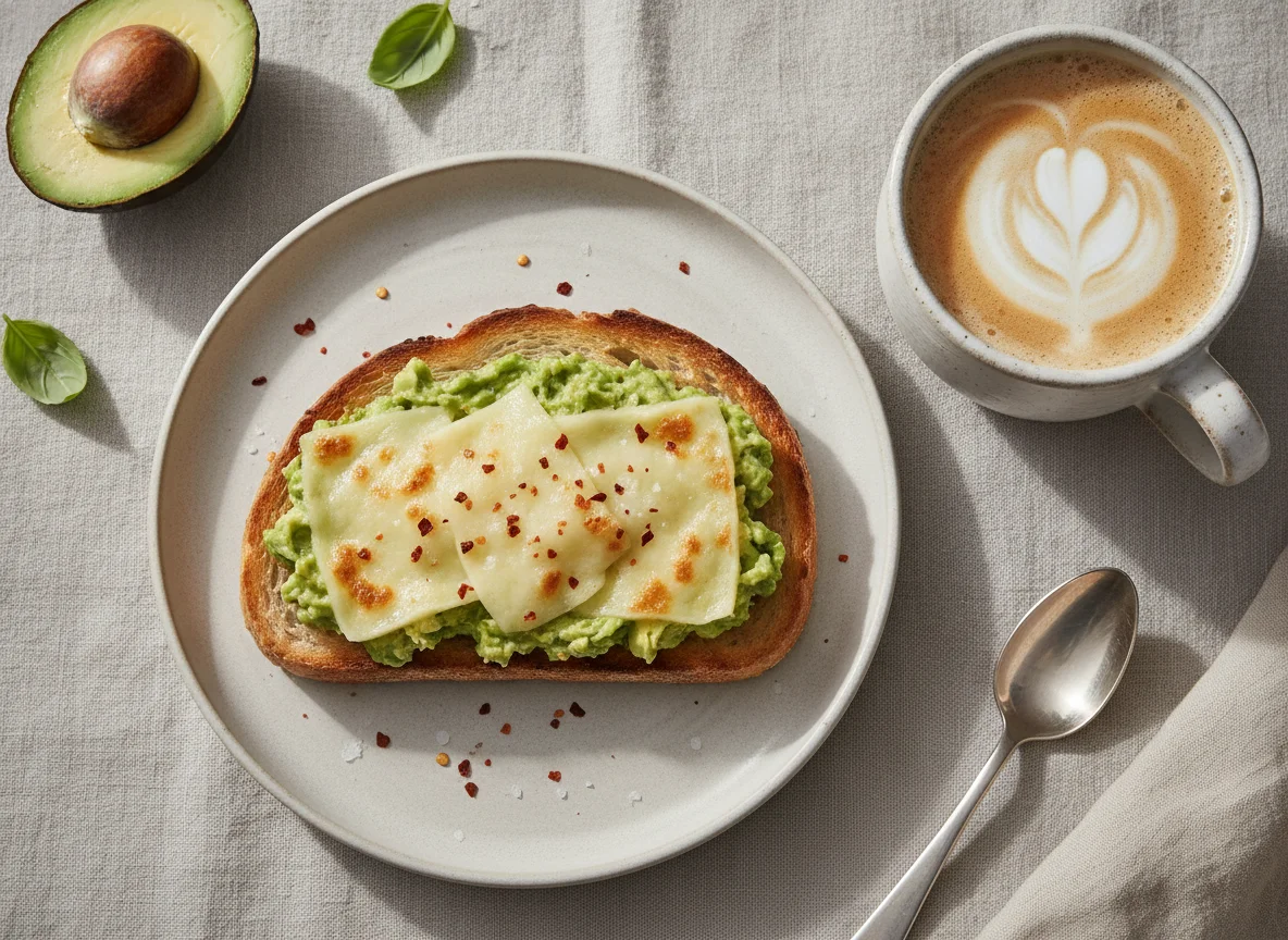 Desayuno con tostado, palta y café con leche photo