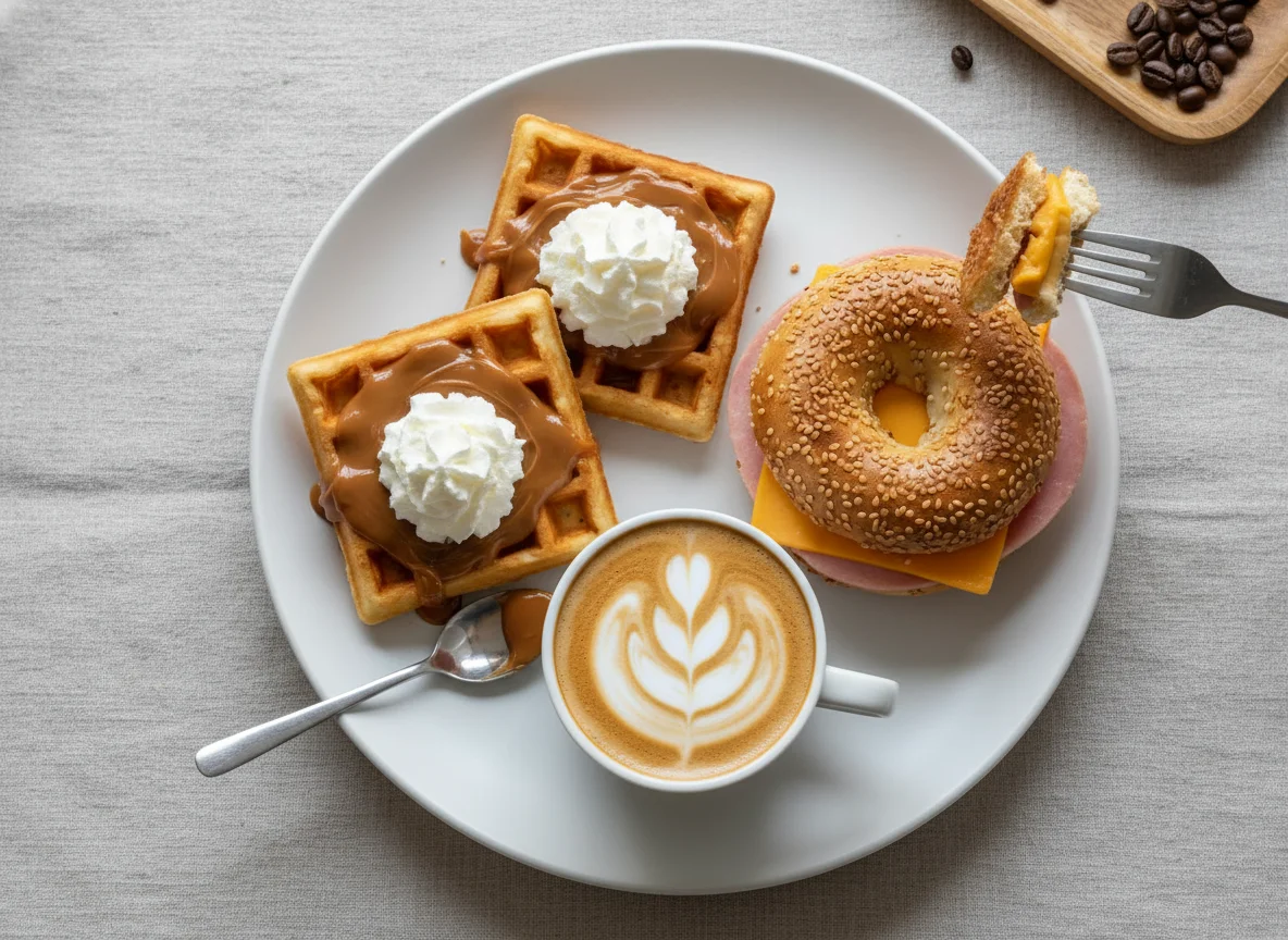 Desayuno con waffles, bagel y café photo