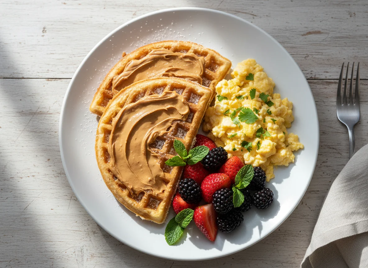 Desayuno con waffles, huevos revueltos y frutas photo
