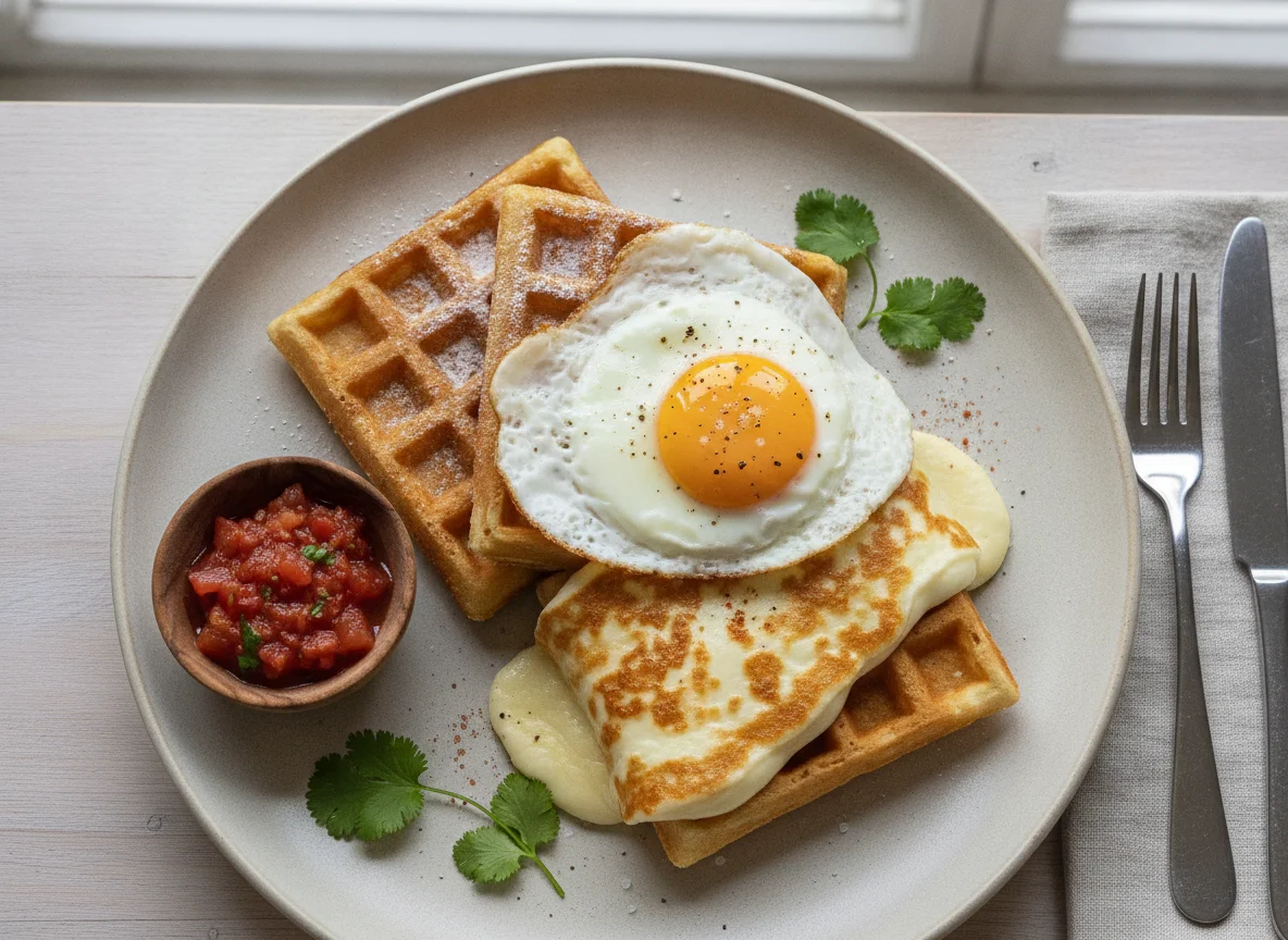 Desayuno con waffles, queso y huevo frito photo