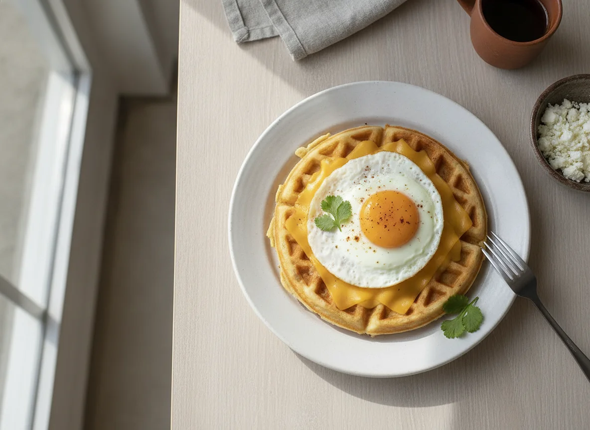 Desayuno con waffles y huevo frito photo